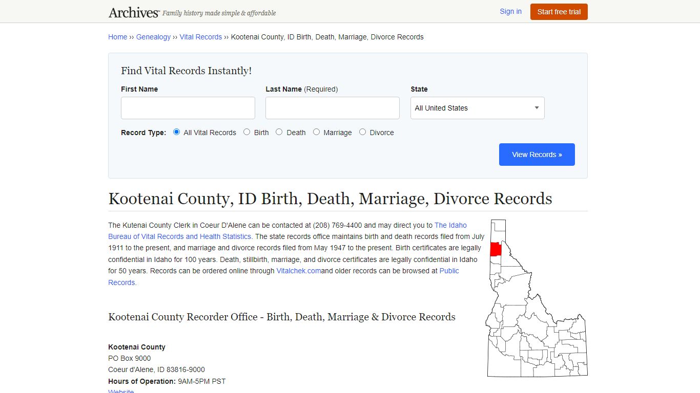 Kootenai County, ID Birth, Death, Marriage, Divorce Records - Archives.com